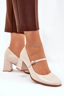 Damskie Boto Lakierowane Czółenka Na Słupku Z Paskiem I Sprzączką Beżowe Tammirea