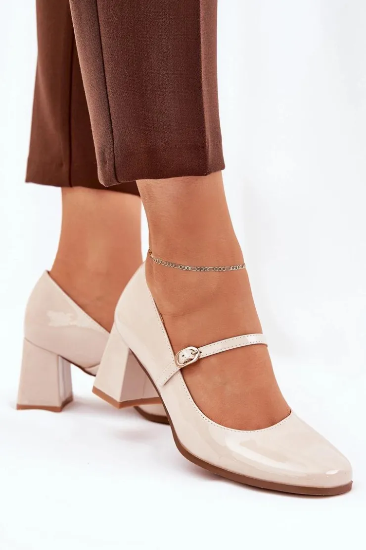 Damskie Boto Lakierowane Czółenka Na Słupku Z Paskiem I Sprzączką Beżowe Tammirea