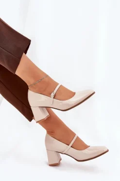 Damskie Boto Lakierowane Czółenka Na Słupku Z Paskiem I Sprzączką Beżowe Tammirea