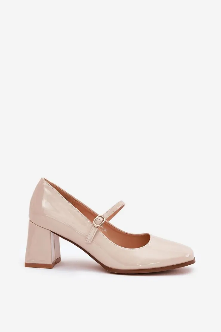 Damskie Boto Lakierowane Czółenka Na Słupku Z Paskiem I Sprzączką Beżowe Tammirea