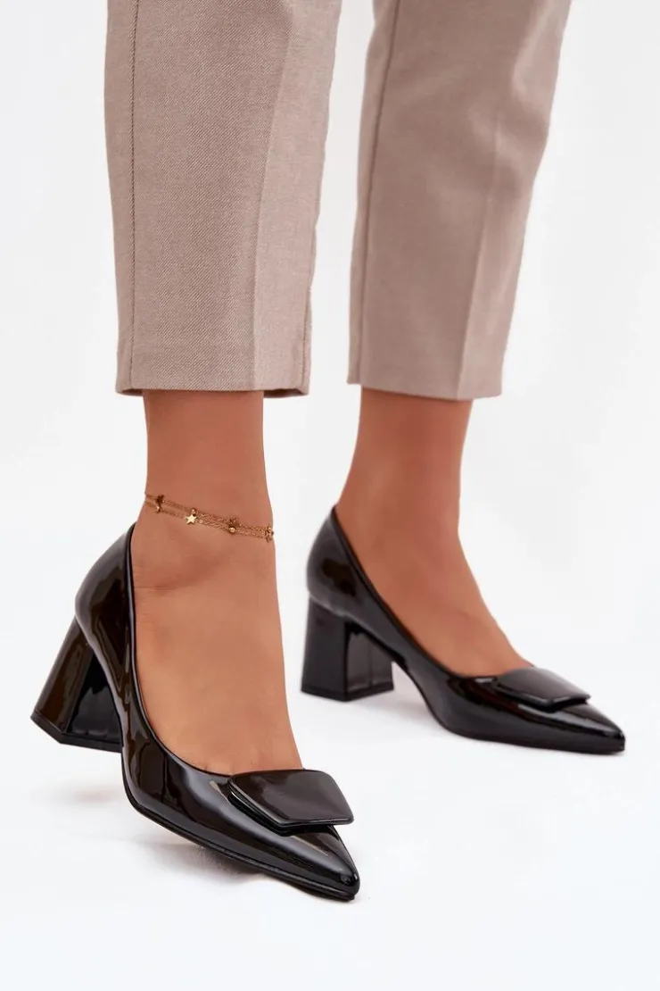 New Boto Lakierowane Czółenka Na Słupku Z Ozdobą Czarne Isoline Czarny