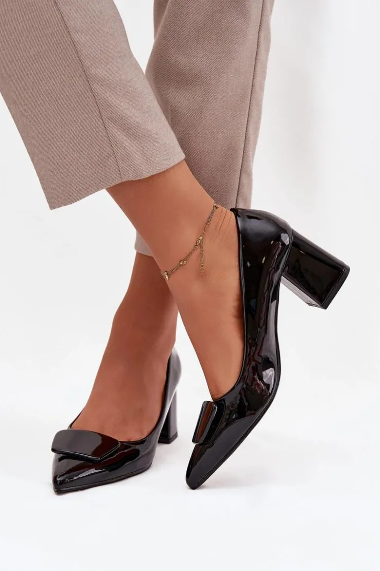 New Boto Lakierowane Czółenka Na Słupku Z Ozdobą Czarne Isoline Czarny