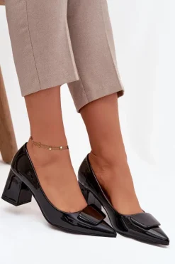 New Boto Lakierowane Czółenka Na Słupku Z Ozdobą Czarne Isoline Czarny