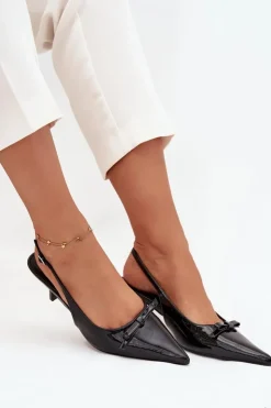 Damskie Boto Lakierowane Czółenka Na Szpilce Z Kokardką Czarne Olvena