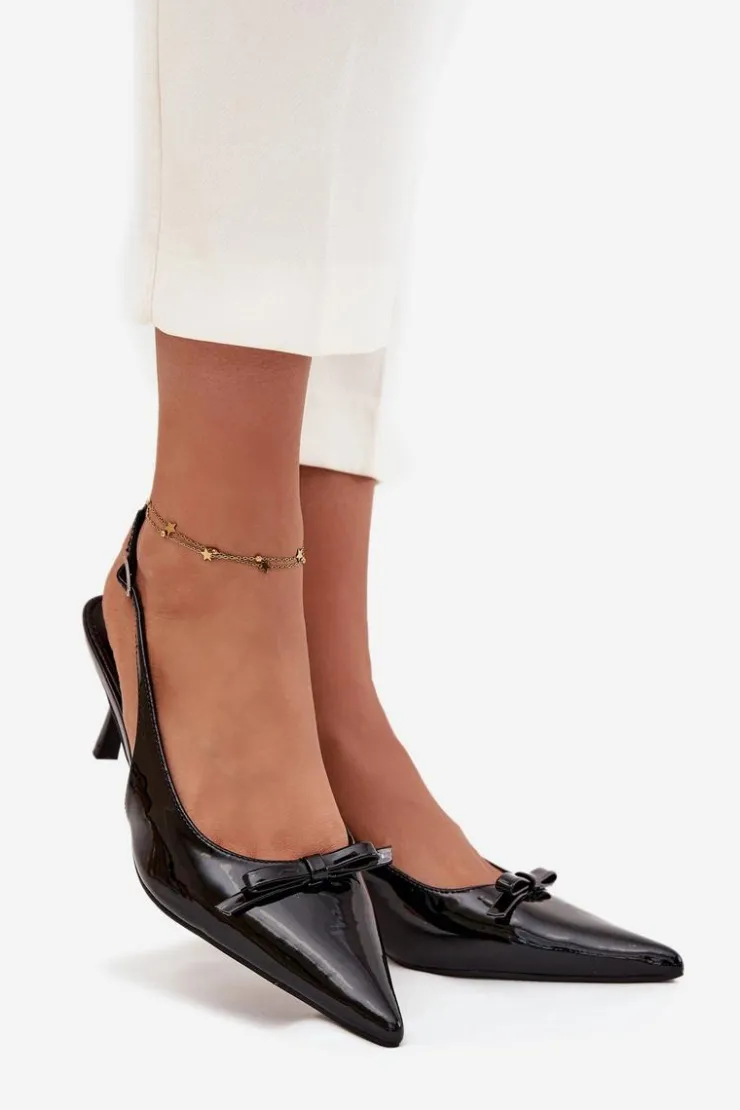 Damskie Boto Lakierowane Czółenka Na Szpilce Z Kokardką Czarne Olvena