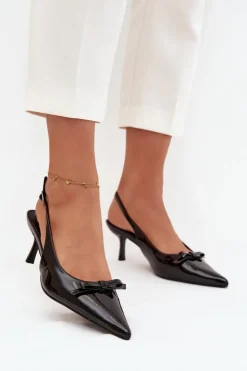 Damskie Boto Lakierowane Czółenka Na Szpilce Z Kokardką Czarne Olvena