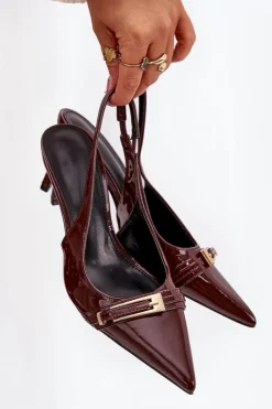 Boto Szpilki Lakierowane|Czółenka Klasyczne*Lakierowane Czółenka Na Szpilce Ze Złotą Klamrą Czekoladowe Vivae