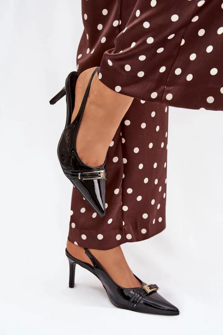 New Boto Lakierowane Czółenka Na Szpilce Ze Złotą Klamrą Czarne Vivae Czarny