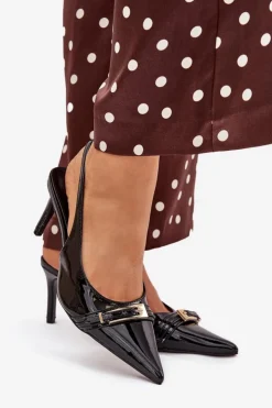 New Boto Lakierowane Czółenka Na Szpilce Ze Złotą Klamrą Czarne Vivae Czarny