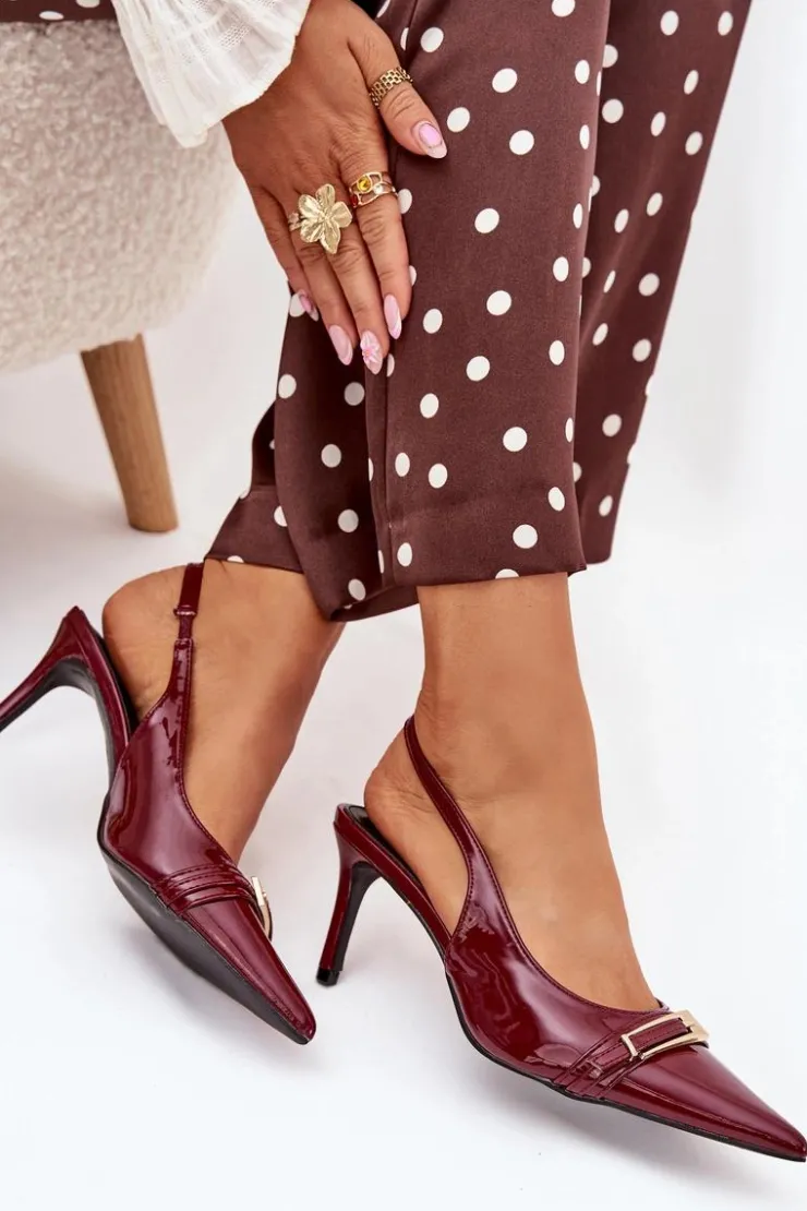 Boto Szpilki Lakierowane|Czółenka Klasyczne*Lakierowane Czółenka Na Szpilce Ze Złotą Klamrą Bordowe Vivae Czerwony