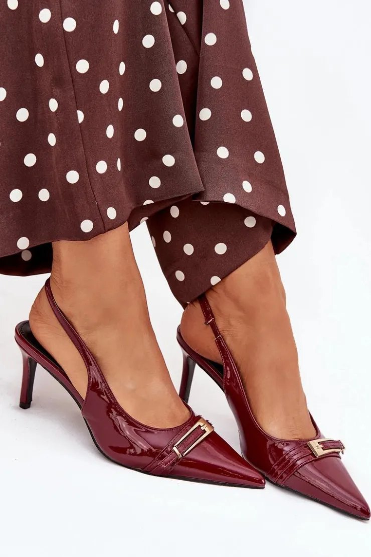 Boto Szpilki Lakierowane|Czółenka Klasyczne*Lakierowane Czółenka Na Szpilce Ze Złotą Klamrą Bordowe Vivae Czerwony