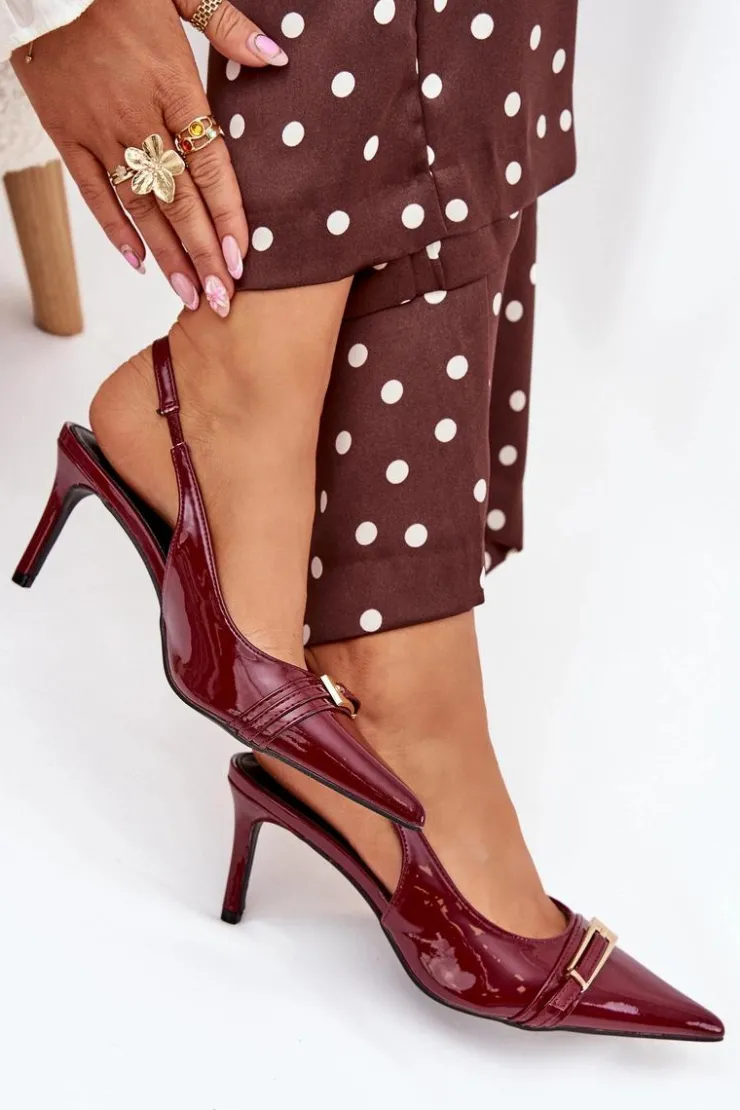 Boto Szpilki Lakierowane|Czółenka Klasyczne*Lakierowane Czółenka Na Szpilce Ze Złotą Klamrą Bordowe Vivae Czerwony