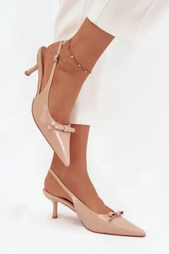 Damskie Boto Lakierowane Czółenka Na Szpilce Z Kokardką Nude Olvena