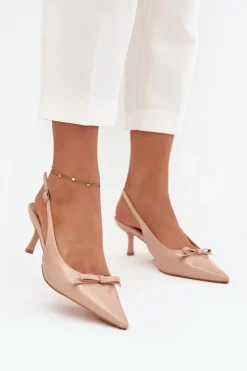 Damskie Boto Lakierowane Czółenka Na Szpilce Z Kokardką Nude Olvena