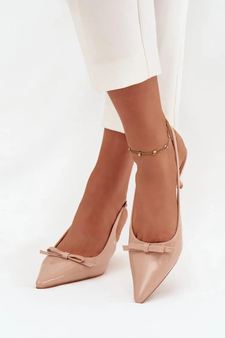 Damskie Boto Lakierowane Czółenka Na Szpilce Z Kokardką Nude Olvena