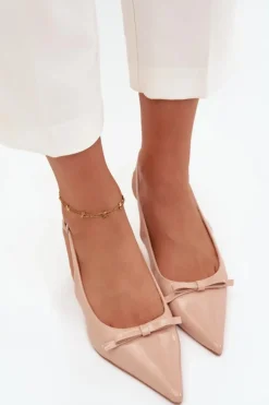 Damskie Boto Lakierowane Czółenka Na Szpilce Z Kokardką Nude Olvena