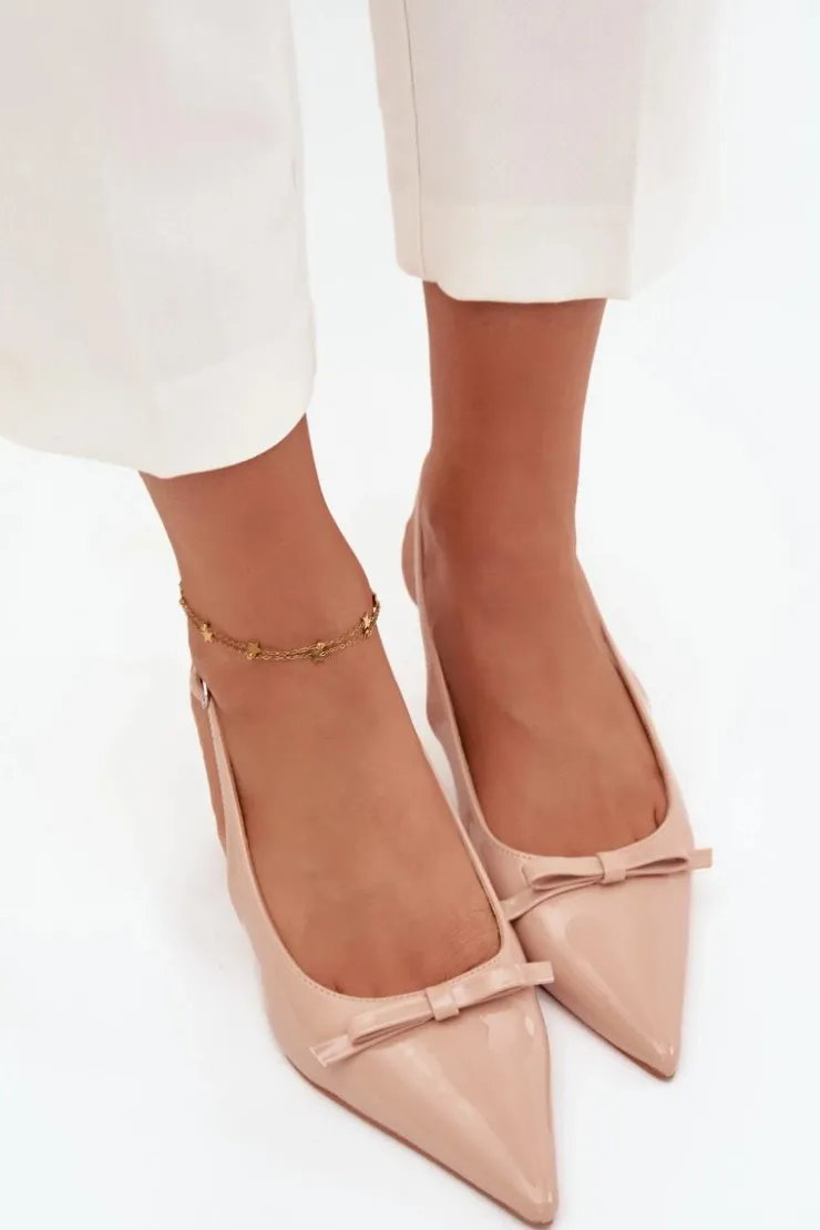 Damskie Boto Lakierowane Czółenka Na Szpilce Z Kokardką Nude Olvena