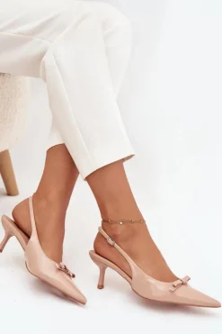 Damskie Boto Lakierowane Czółenka Na Szpilce Z Kokardką Nude Olvena