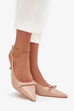 Damskie Boto Lakierowane Czółenka Na Szpilce Z Kokardką Nude Olvena