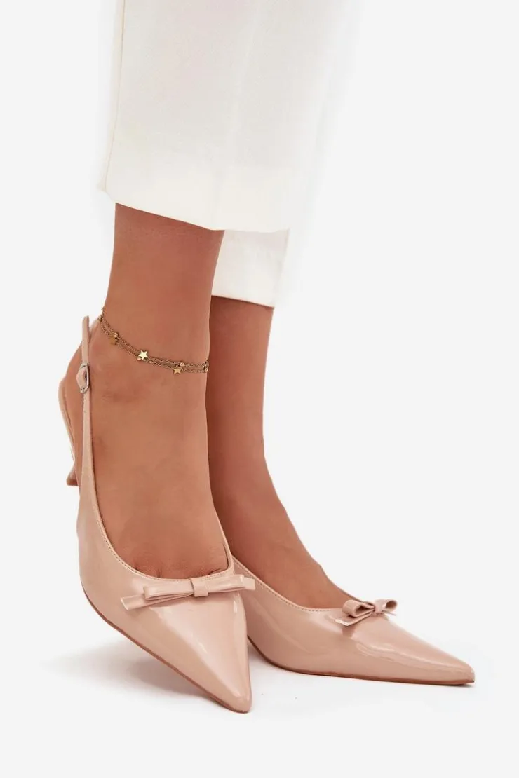 Damskie Boto Lakierowane Czółenka Na Szpilce Z Kokardką Nude Olvena