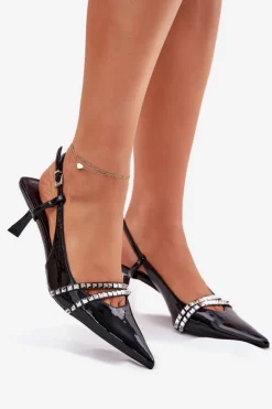 Clearance Boto Lakierowane Czółenka Na Szpilce Z Ozdobnymi Paskami Czarne Jelmia