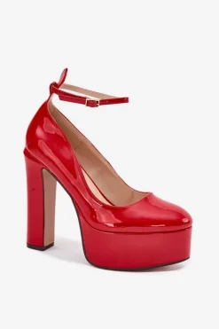 Damskie Boto Lakierowane Czółenka Na Wysokim Słupku I Platformie Czerwone Nianka