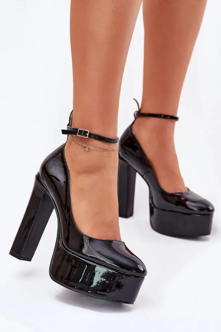 Boto Czółenka Na Platformie|Czółenka Na Słupku*Lakierowane Czółenka Na Wysokim Słupku I Platformie Czarne Nianka