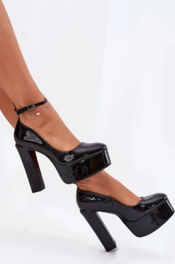 Boto Czółenka Na Platformie|Czółenka Na Słupku*Lakierowane Czółenka Na Wysokim Słupku I Platformie Czarne Nianka