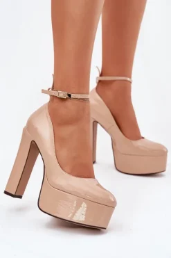 New Boto Lakierowane Czółenka Na Wysokim Słupku I Platformie Beżowe Nianka