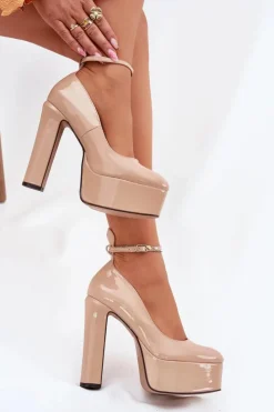 New Boto Lakierowane Czółenka Na Wysokim Słupku I Platformie Beżowe Nianka