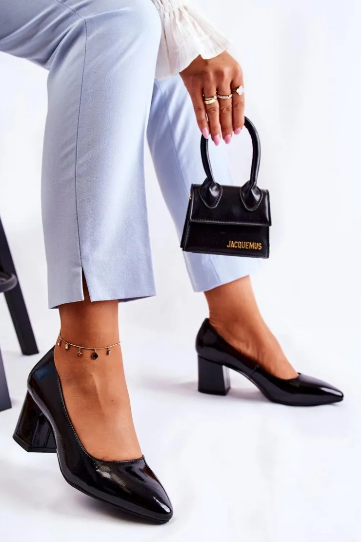 Buty Sergio Leone Czółenka Na Słupku*Lakierowane Czółenka Sergio Leone PB411 Czarne