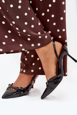 New Boto Lakierowane Czółenka Z Odkrytą Piętą I Paseczkami Czarne Ravira Czarny