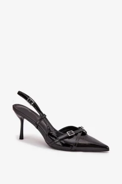 New Boto Lakierowane Czółenka Z Odkrytą Piętą I Paseczkami Czarne Ravira Czarny