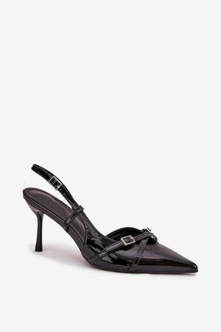 New Boto Lakierowane Czółenka Z Odkrytą Piętą I Paseczkami Czarne Ravira Czarny