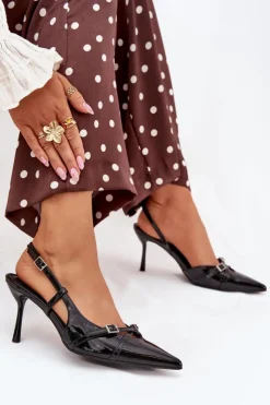 New Boto Lakierowane Czółenka Z Odkrytą Piętą I Paseczkami Czarne Ravira Czarny