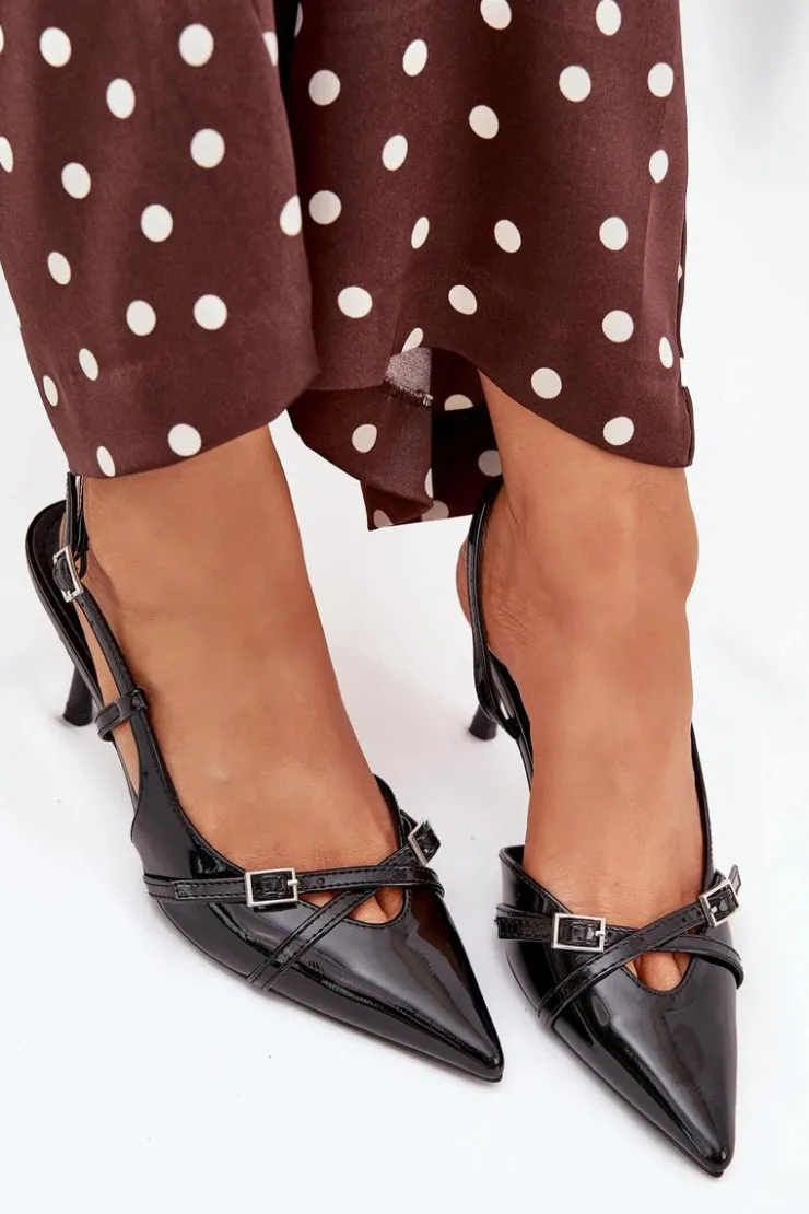 New Boto Lakierowane Czółenka Z Odkrytą Piętą I Paseczkami Czarne Ravira Czarny