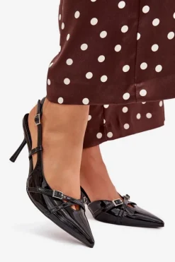 New Boto Lakierowane Czółenka Z Odkrytą Piętą I Paseczkami Czarne Ravira Czarny