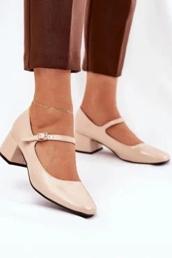 Outlet Boto Lakierowane Czółenka Z Paskiem I Sprzączką Beżowe Savilae