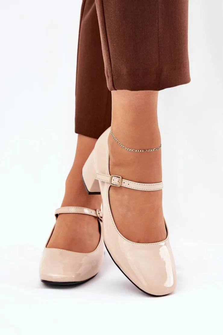 Outlet Boto Lakierowane Czółenka Z Paskiem I Sprzączką Beżowe Savilae