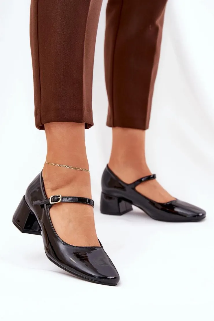 Damskie Boto Lakierowane Czółenka Z Paskiem I Sprzączką Czarne Savilae