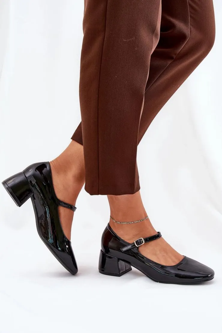 Damskie Boto Lakierowane Czółenka Z Paskiem I Sprzączką Czarne Savilae