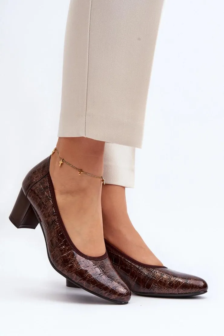 Buty damskie Vinceza Czółenka Na Słupku|Czółenka Klasyczne*Lakierowane Czółenka Z Tłoczeniem Brązowe Cynania