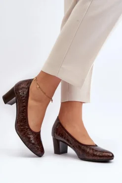 Buty damskie Vinceza Czółenka Na Słupku|Czółenka Klasyczne*Lakierowane Czółenka Z Tłoczeniem Brązowe Cynania