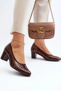 Buty damskie Vinceza Czółenka Na Słupku|Czółenka Klasyczne*Lakierowane Czółenka Z Tłoczeniem Brązowe Cynania