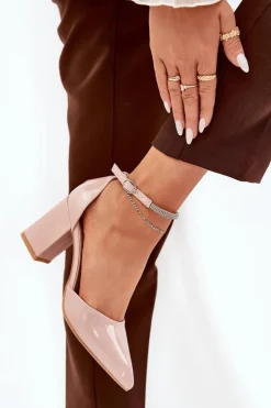 Damskie Boto Lakierowane Czółenka Ze Szpiczastymi Noskami Na Słupku Beżowe Nossabel