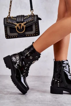 Damskie Boto Lakierowane Damskie Botki Z Ćwiekami Czarne Leticia