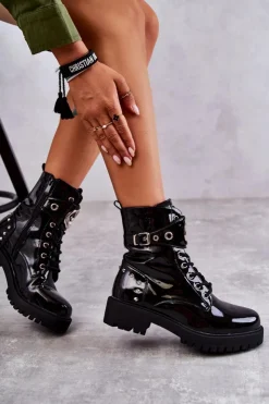 Damskie Boto Lakierowane Damskie Botki Z Ćwiekami Czarne Leticia