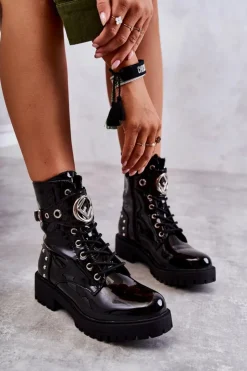 Damskie Boto Lakierowane Damskie Botki Z Ćwiekami Czarne Leticia