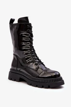 Damskie Damskie buty S.Barski Lakierowane Damskie Botki Workery Sznurowane Czarne S.Barski MR870-72