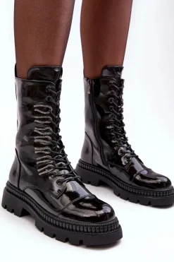 Damskie Damskie buty S.Barski Lakierowane Damskie Botki Workery Sznurowane Czarne S.Barski MR870-72